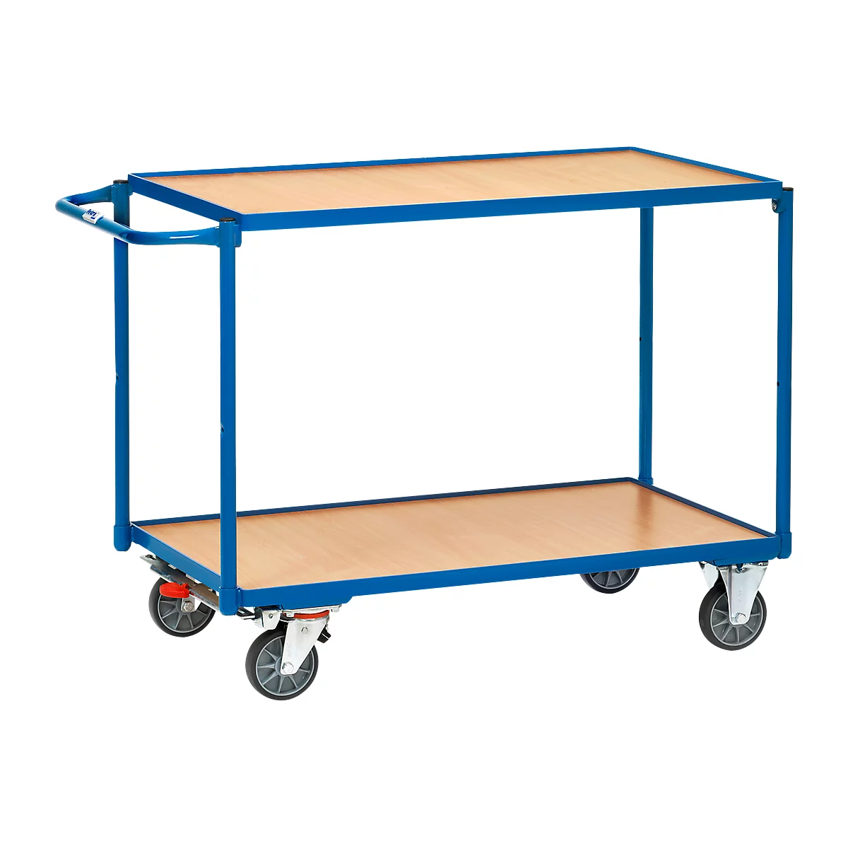 Carro de servicio azul y plateado con estantes de madera y cuatro ruedas.