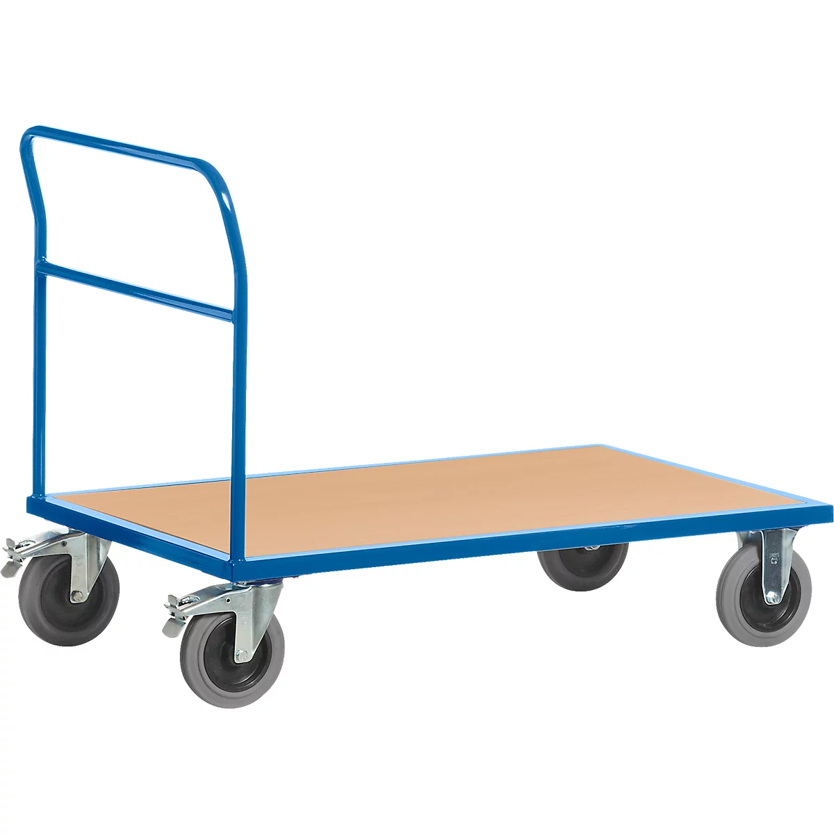 Carro de transporte azul con cuatro ruedas, zona de carga marrón y asa.
