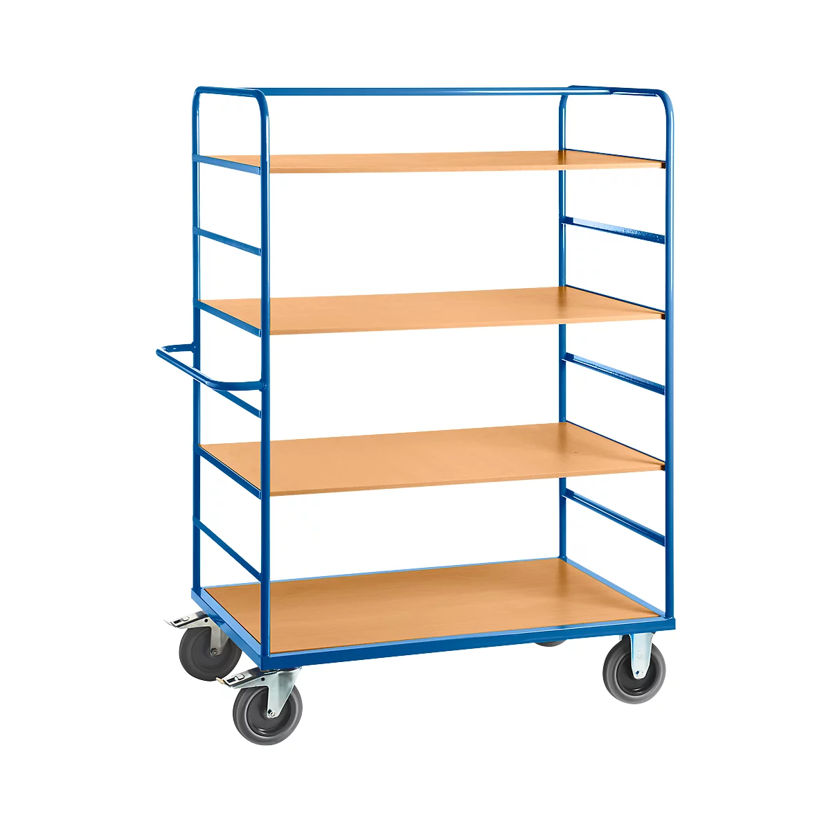 Carro de almacenamiento rodante azul con cuatro estantes de madera.