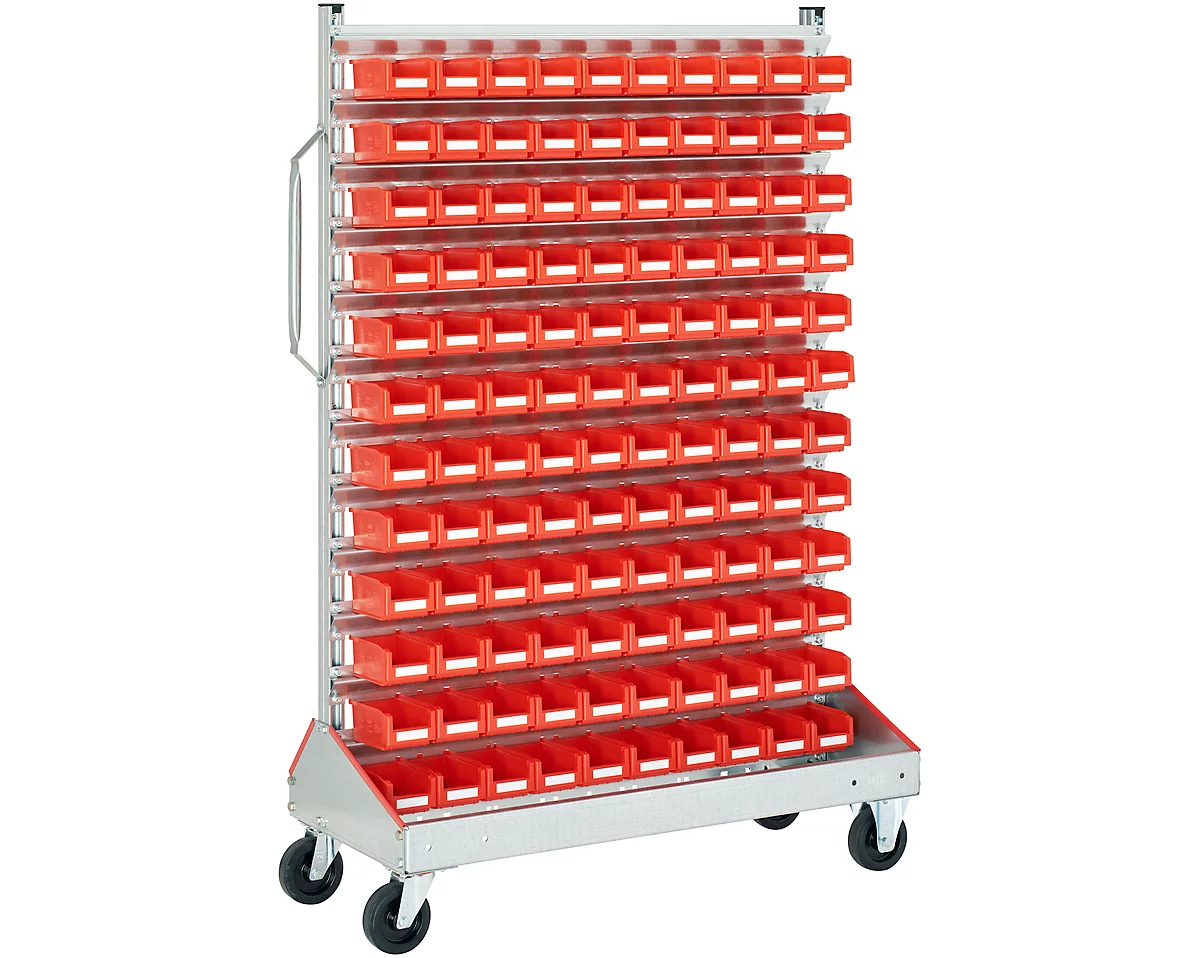 Carro contenedor de almacén, lados simples, ancho 1130 x fondo 510 x alto 1705 mm, 120 x 0,7 l rojo