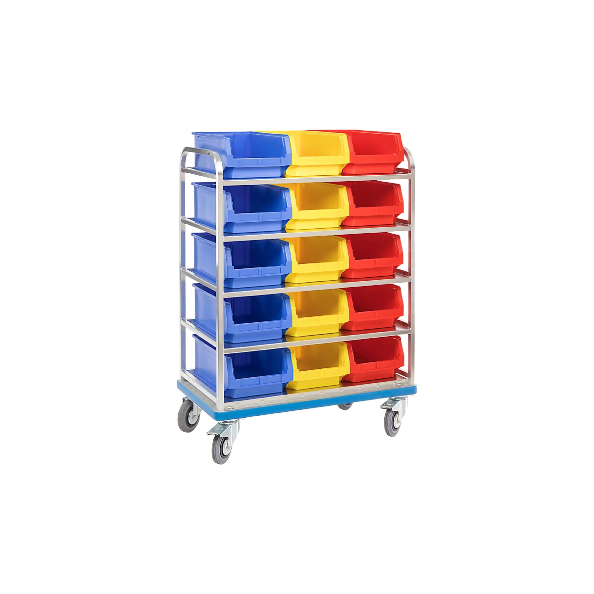 Carro de estantería GMÖHLING G®-Rack E 2801, calado, hasta 300 kg, 5 niveles, para 15 cajas con abertura frontal