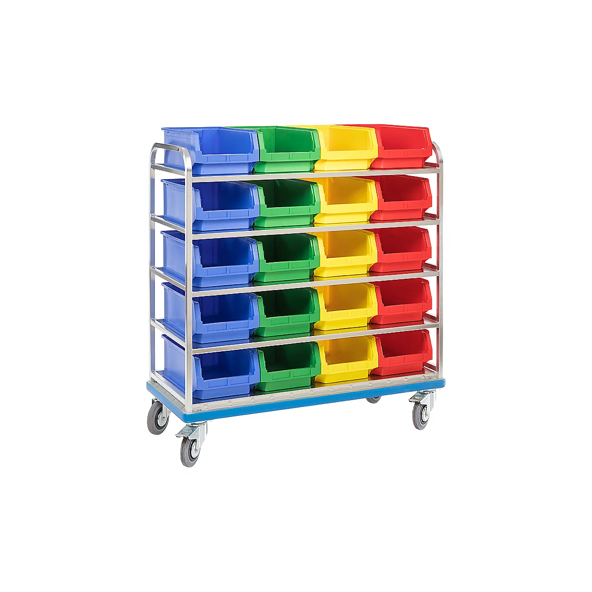 Carro de estantería GMÖHLING G®-Rack E 2801, calado, hasta 300 kg, 5 niveles, para 20 cajas con abertura frontal