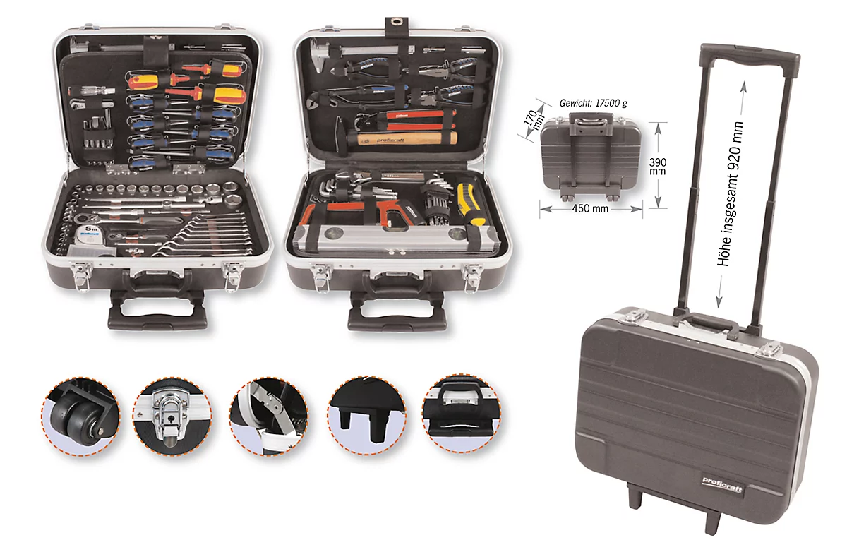 Carro de herramientas Projahn proficraft, 1/4', de 130 piezas, plástico ABS, con mango telescópico, con cerradura, negro