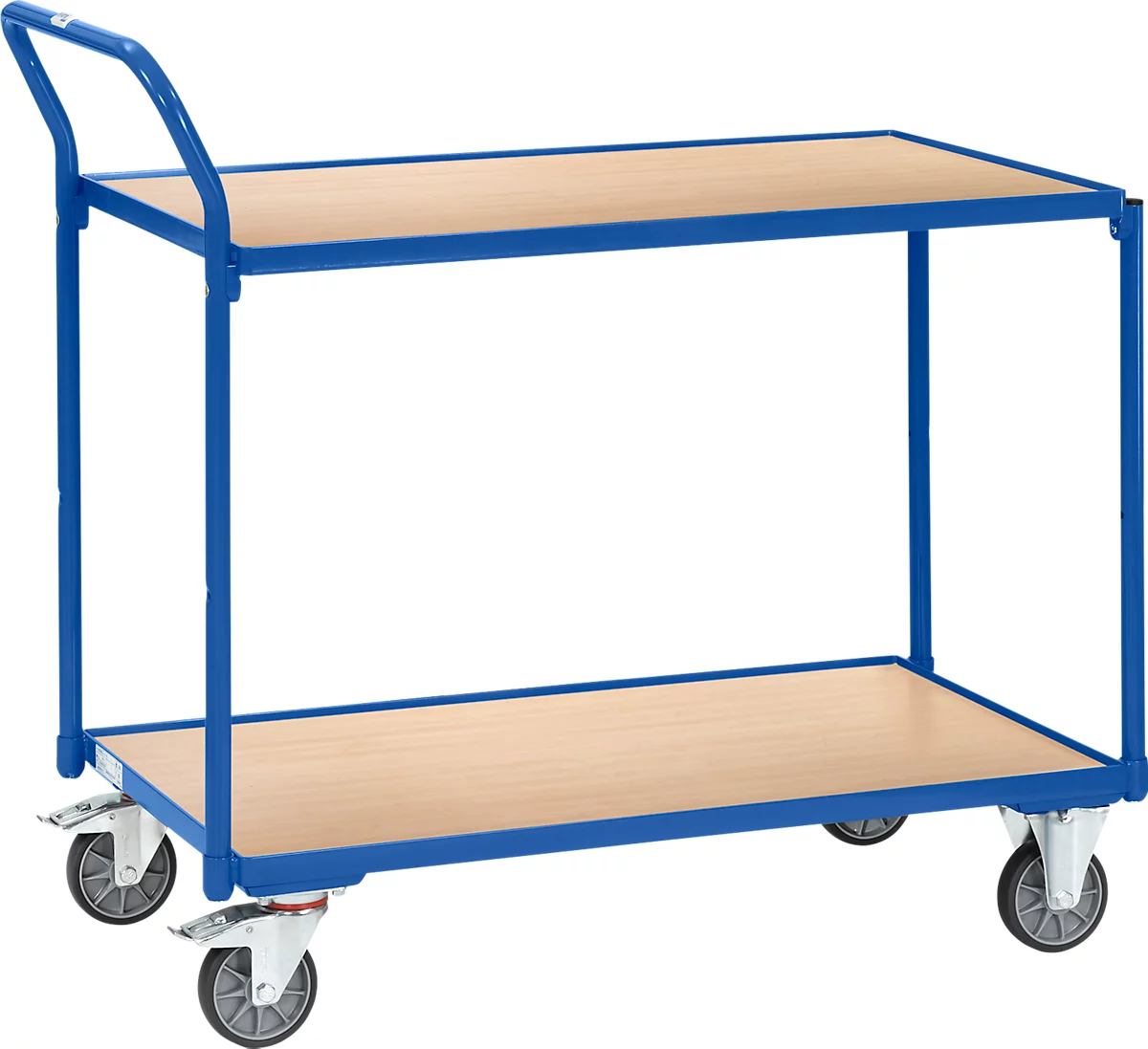 Carro de mesa Fetra , 2 estantes, L 850 x A 500 mm, hasta 300 kg, 2 asas de empuje, ruedas giratorias y fijas, madera y acero, azul brillante RAL 5007