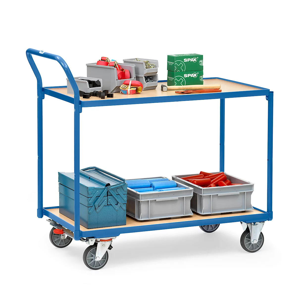 Carro de mesa ligera fetra, acero, azul, 2 estantes, L 1200 x A 800 mm, hasta 300 kg