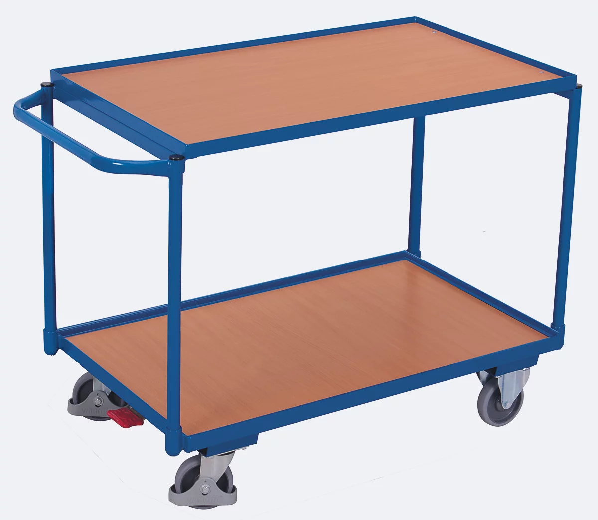 Carro de mesa ligera, tablero de acero/MDF, decoración azul genciana/haya, 2 estantes, L 985 x A 605 mm, ruedas TPE con EasySTOP, hasta 250 kg
