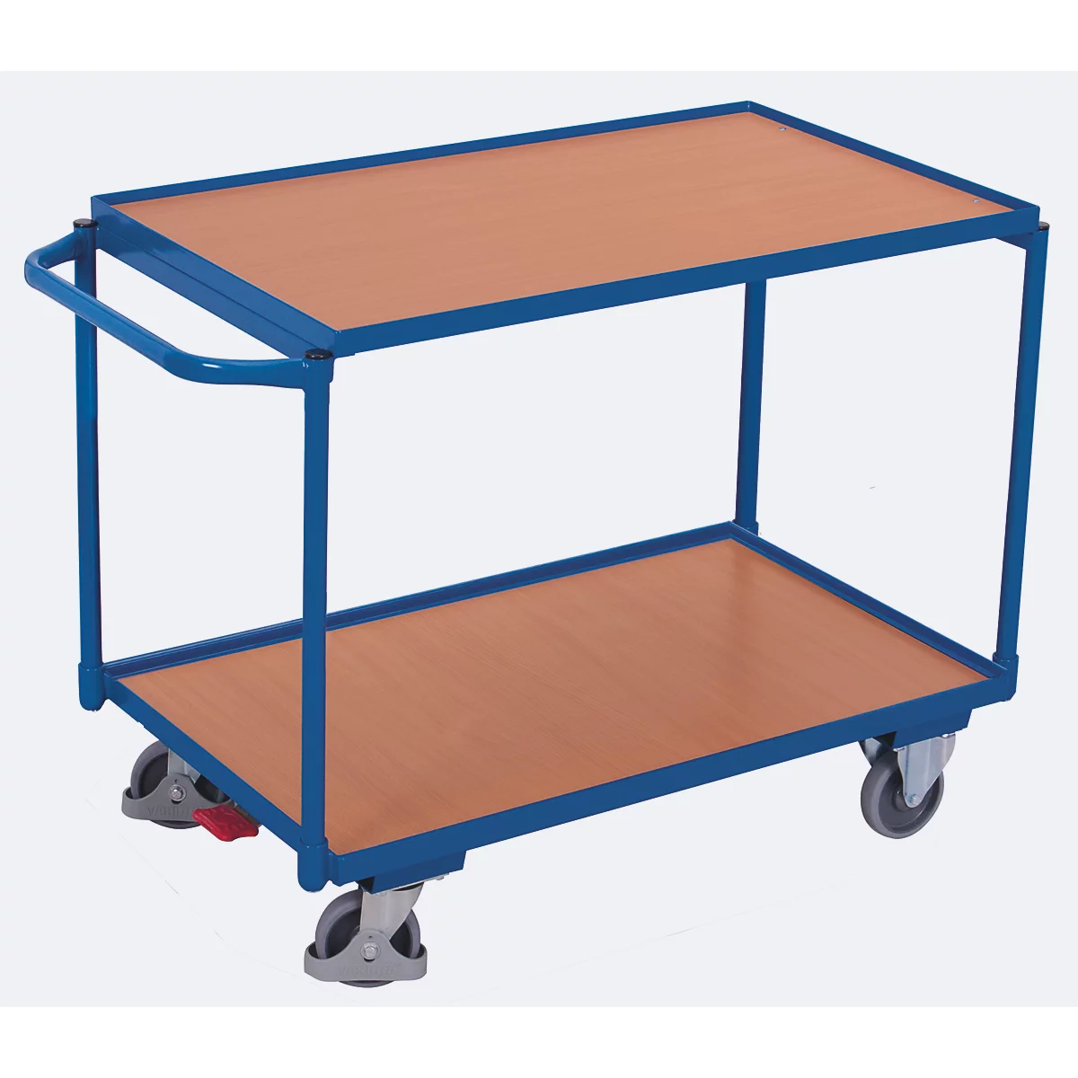 Carro de mesa ligera, tablero de acero/MDF, decoración azul genciana/haya, 2 estantes, L 985 x A 605 mm, ruedas TPE con EasySTOP, hasta 250 kg