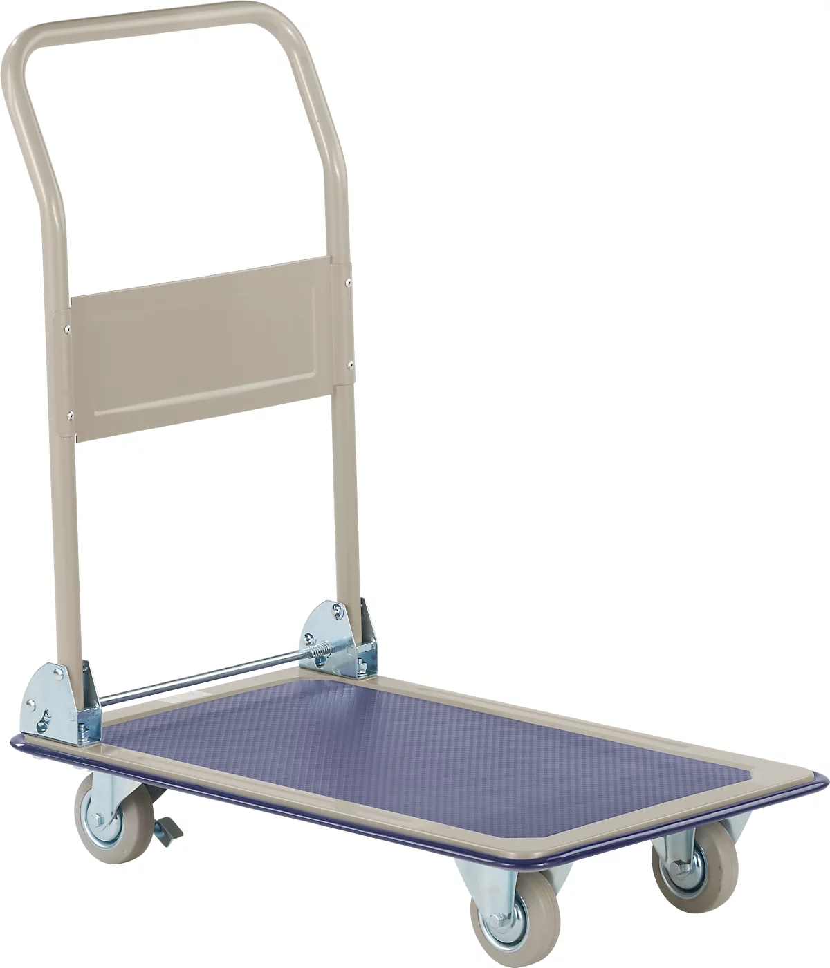 Un carro de mano beige con una base azul y cuatro ruedas. El carro tiene un asa curva.