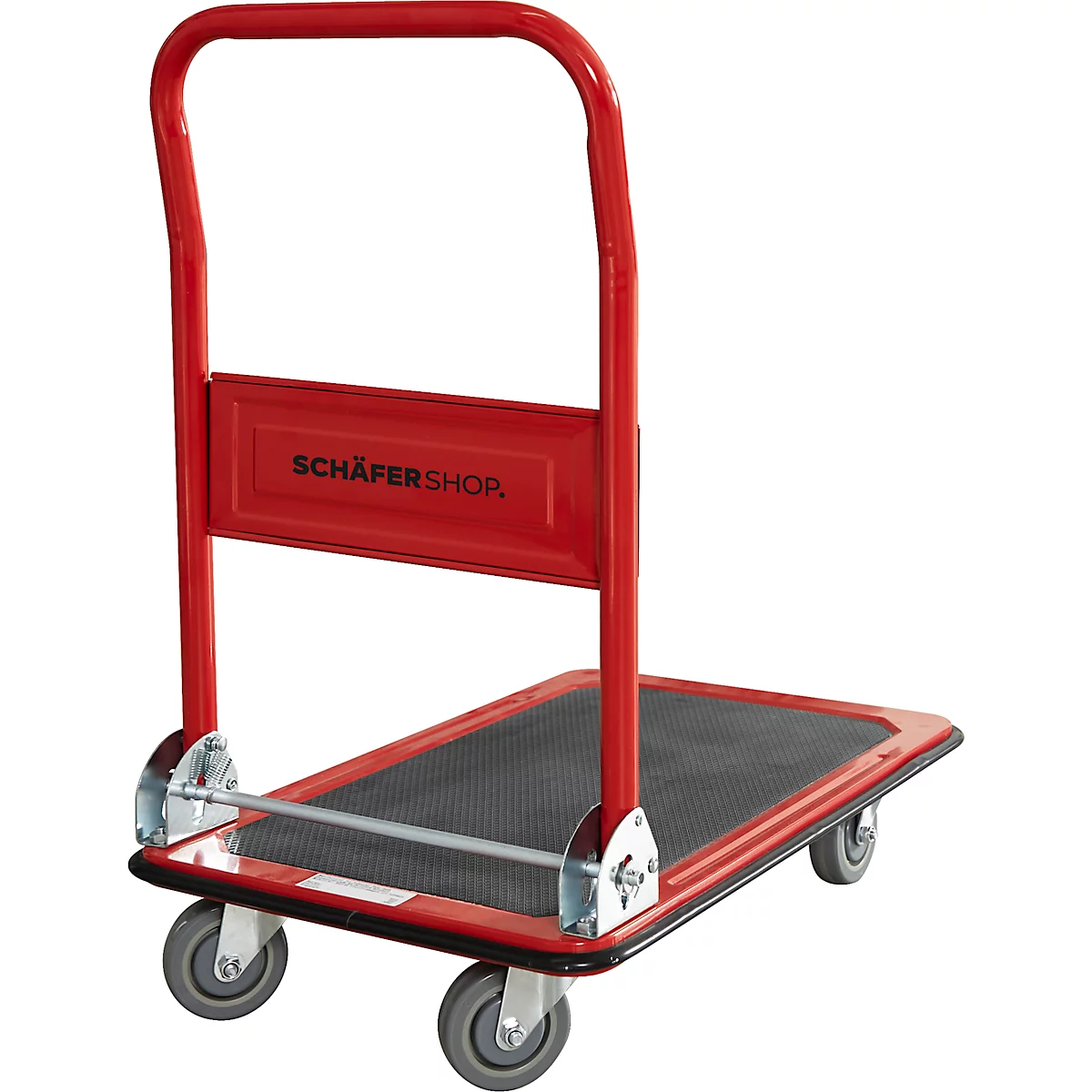 Carro de plataforma Schäfer Shop Pure, asa de empuje plegable, revestimiento antideslizante, ruedas giratorias y fijas, hasta 150 kg, L 725 x A 475 x A 835 mm, rojo-negro