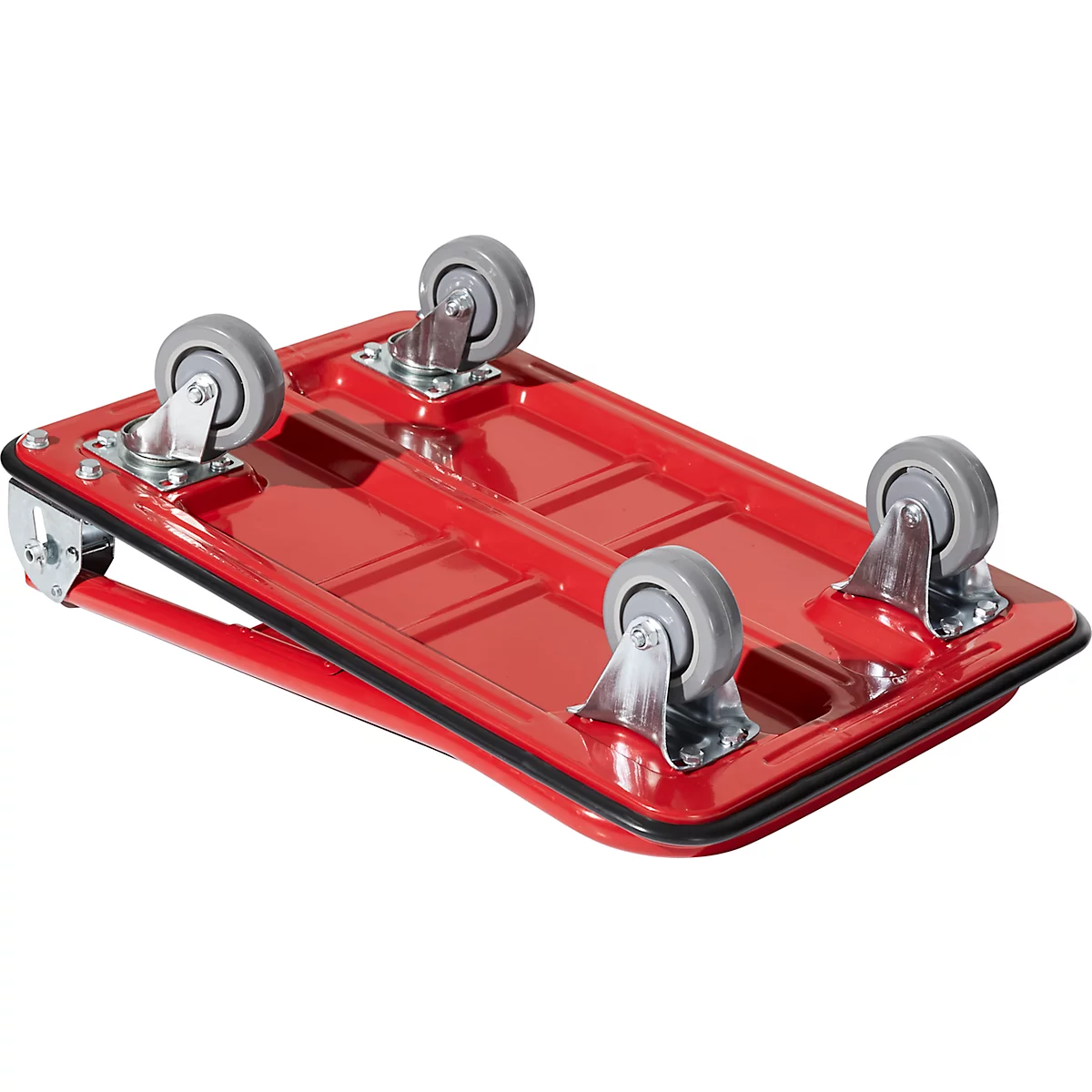 Carro de plataforma Schäfer Shop Pure, asa de empuje plegable, revestimiento antideslizante, ruedas giratorias y fijas, hasta 150 kg, L 725 x A 475 x A 835 mm, rojo-negro