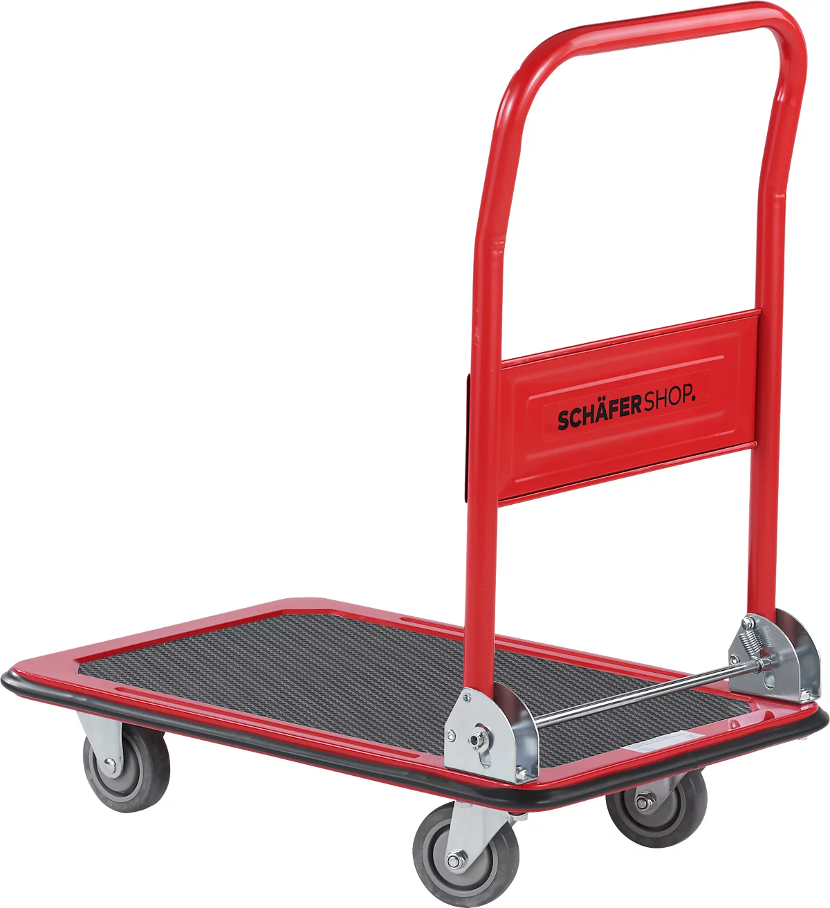 Carro de plataforma Schäfer Shop Pure, asa de empuje plegable, revestimiento antideslizante, ruedas giratorias y fijas, hasta 150 kg, L 725 x A 475 x A 835 mm, rojo-negro