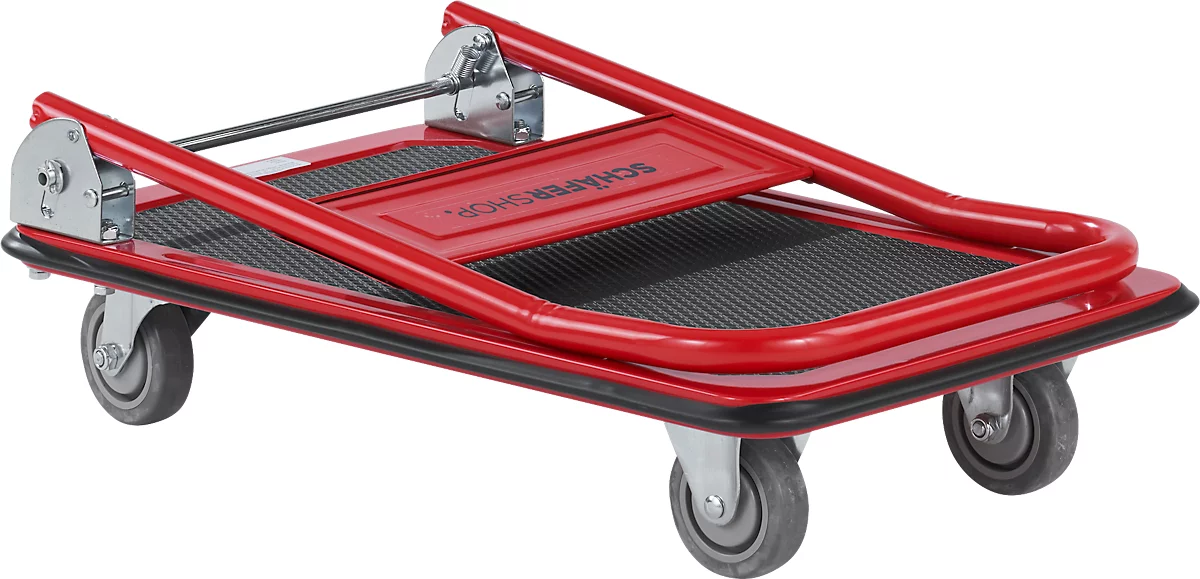 Carro de plataforma Schäfer Shop Pure, asa de empuje plegable, revestimiento antideslizante, ruedas giratorias y fijas, hasta 150 kg, L 725 x A 475 x A 835 mm, rojo-negro