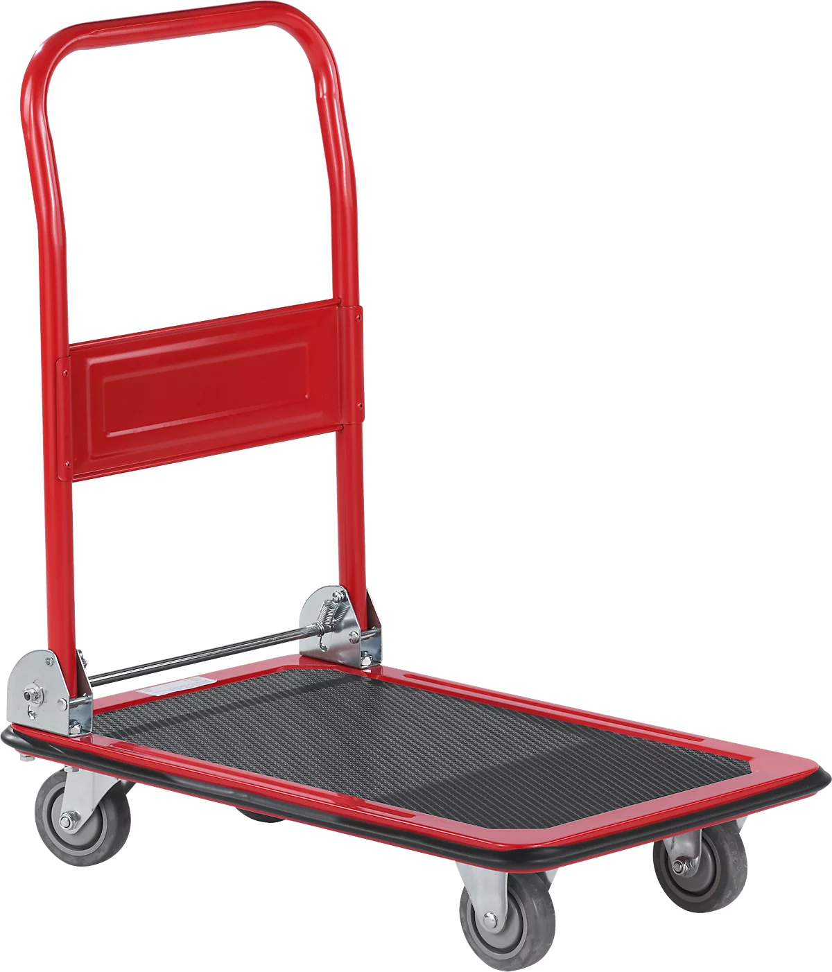 Carro de plataforma Schäfer Shop Pure, asa de empuje plegable, revestimiento antideslizante, ruedas giratorias y fijas, hasta 150 kg, L 725 x A 475 x A 835 mm, rojo-negro