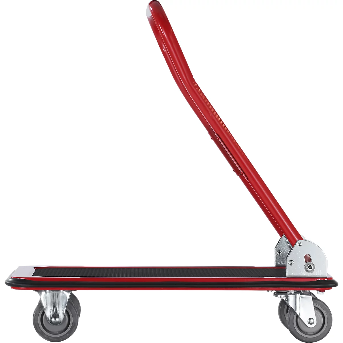 Carro de plataforma Schäfer Shop Pure, asa de empuje plegable, revestimiento antideslizante, ruedas giratorias y fijas, hasta 150 kg, L 725 x A 475 x A 835 mm, rojo-negro