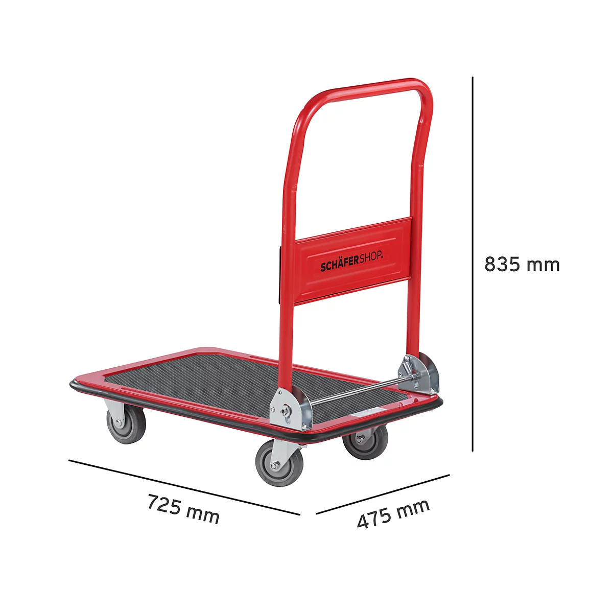 Carro de plataforma Schäfer Shop Pure, asa de empuje plegable, revestimiento antideslizante, ruedas giratorias y fijas, hasta 150 kg, L 725 x A 475 x A 835 mm, rojo-negro