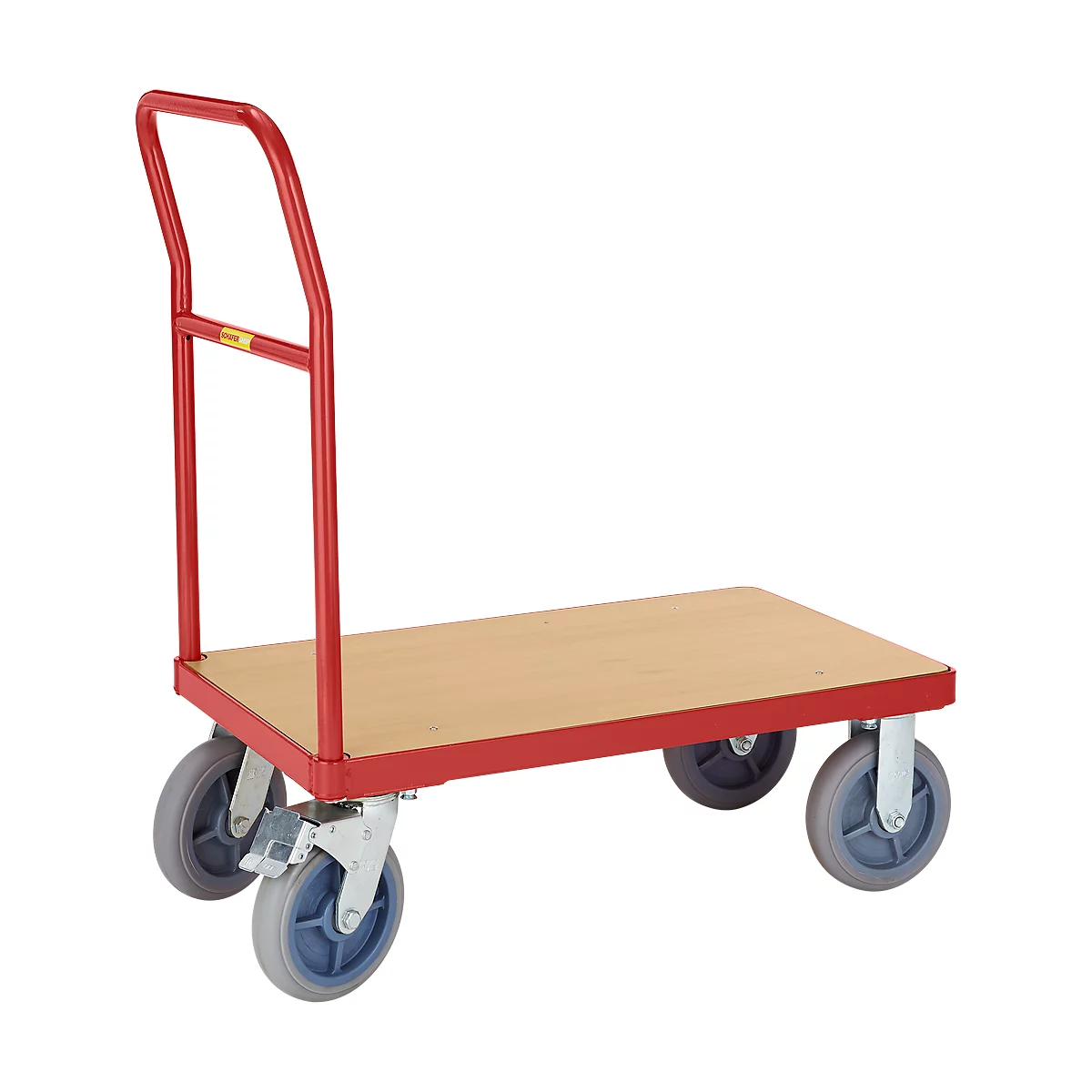Carretilla roja con plataforma de madera y cuatro ruedas, de pie sobre una superficie gris.