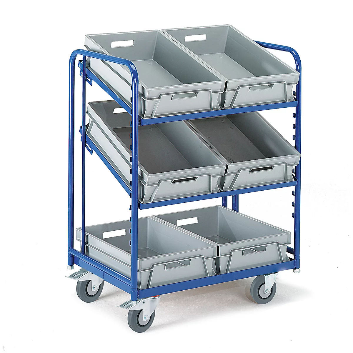 Carro de preparación de pedidos Rollcart, para eurocontenedores, con 3 niveles con fondo abierto, L820 x W 620 x H 1350 mm, capacidad de carga 200 kg, suministrado con 6 eurocontenedores