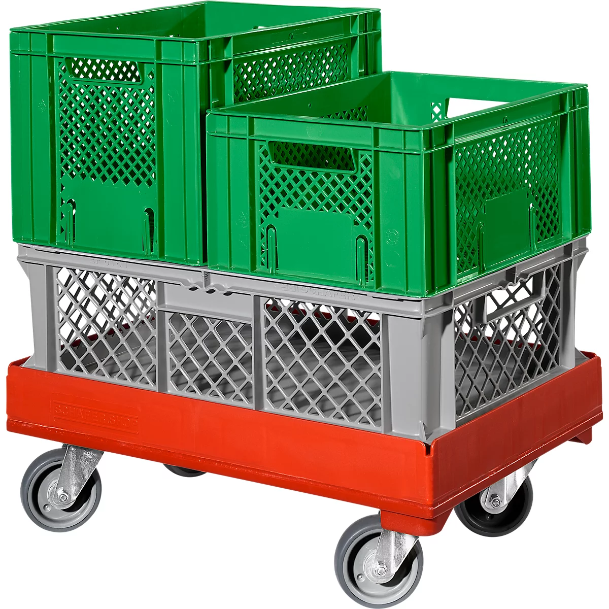 Un carro con cajas verdes, base gris y fondo rojo. Cuatro ruedas.