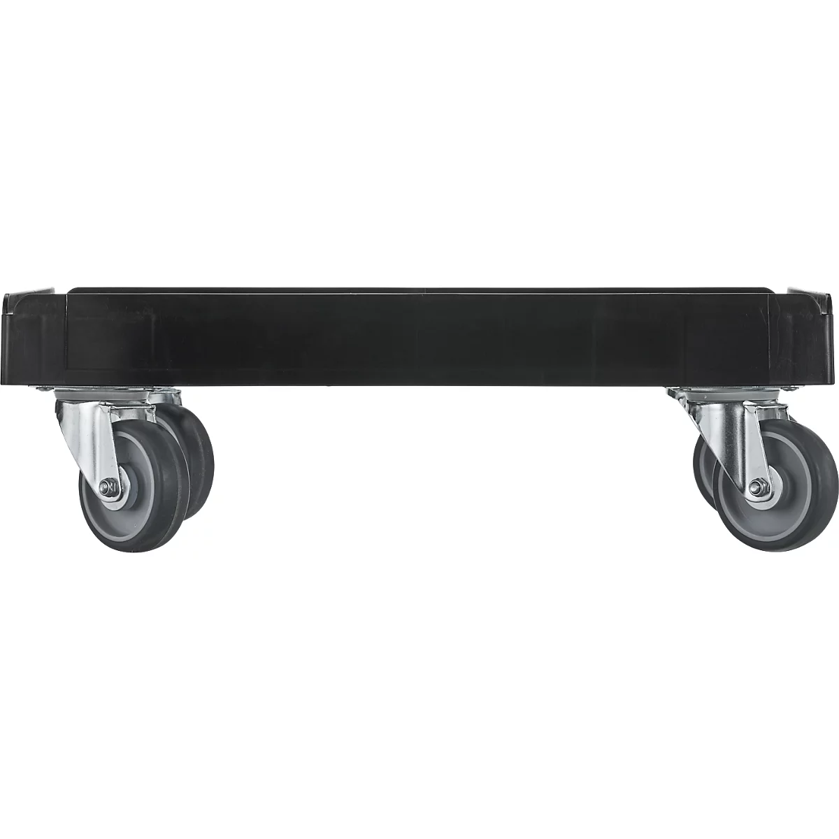Plataforma rodante negra para muebles con cuatro ruedas.