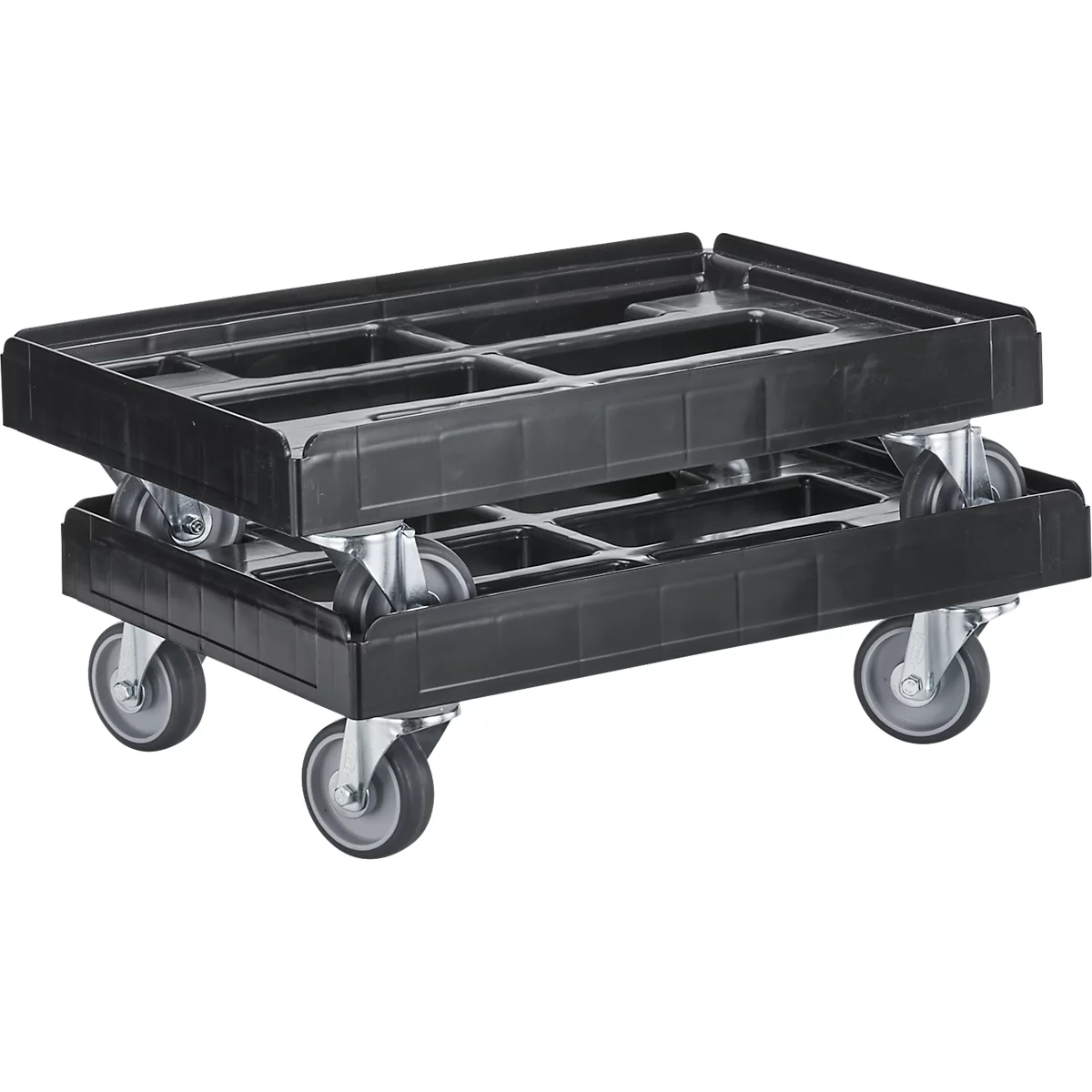 Dos carritos de transporte negros con ruedas, apilados uno encima del otro.