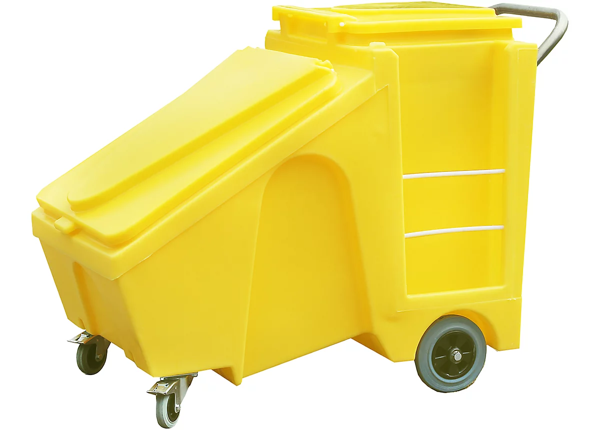Carro ecológico para sólidos, caja y soporte de bolsas, con tapas abatibles, 230 l, PE, amarillo