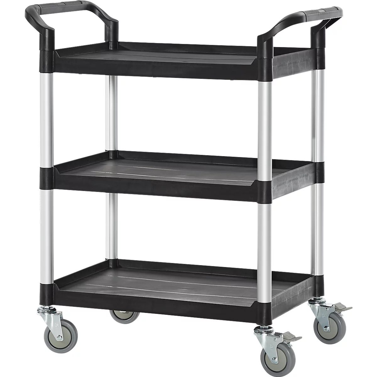 Carro multiusos Schäfer Shop Pure, 4 ruedas giratorias TPR con 2 frenos, 3 estantes, L 680 x A 450 mm, plástico/aluminio, negro/plata aluminio