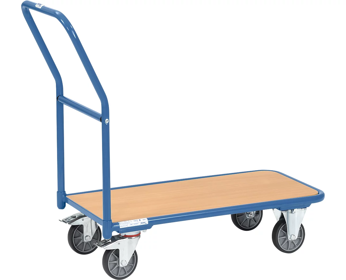 Carro para almacén, con plataforma de madera, L 1000 x An 600 mm, hasta 250 kg, tubo de acero, azul
