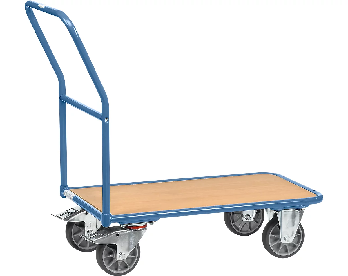 Carro para almacén, con plataforma de madera, L 1000 x An 700 mm, hasta 400 kg, tubo de acero, azul