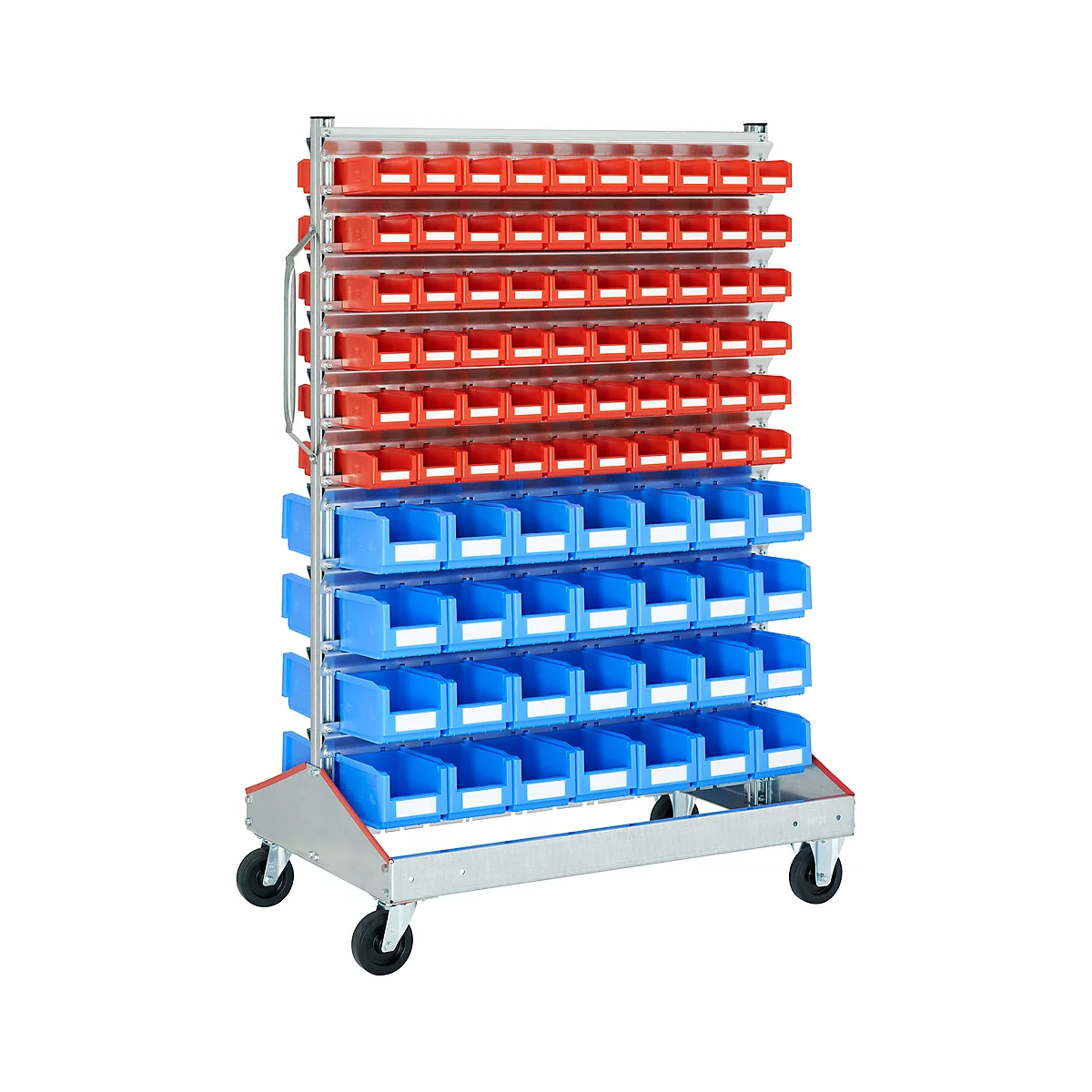 Carro para cajas con abertura frontal, bilateral, An 1130 x P 710 x Al 1705 mm, 120 x 0,7 l rojo, 56 x 7,5 l azul