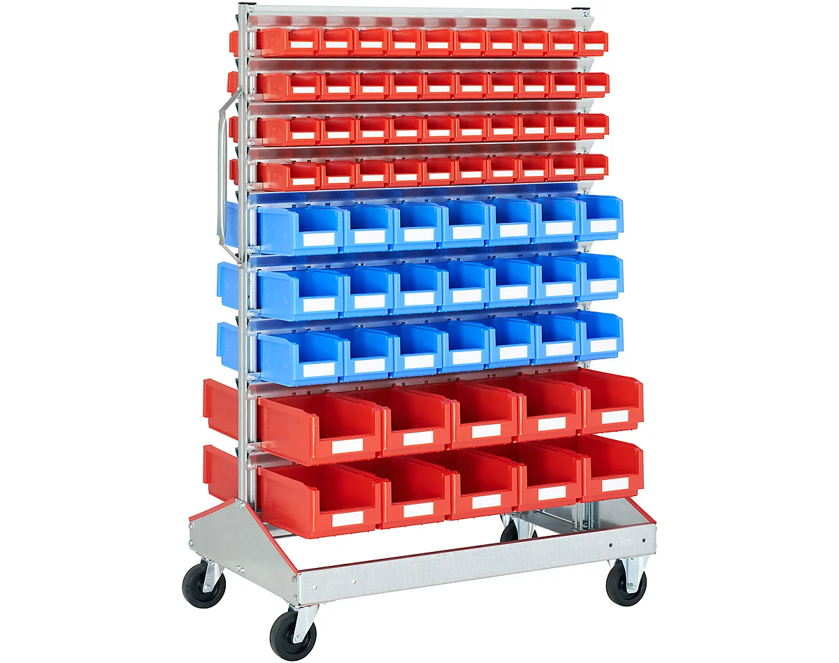 Carro para cajas con abertura frontal, bilateral, An 1130 x P 710 x Al 1705 mm, 80 x 0,7 l rojo, 42 x 3 l azul, 20 x 7,5 l rojo