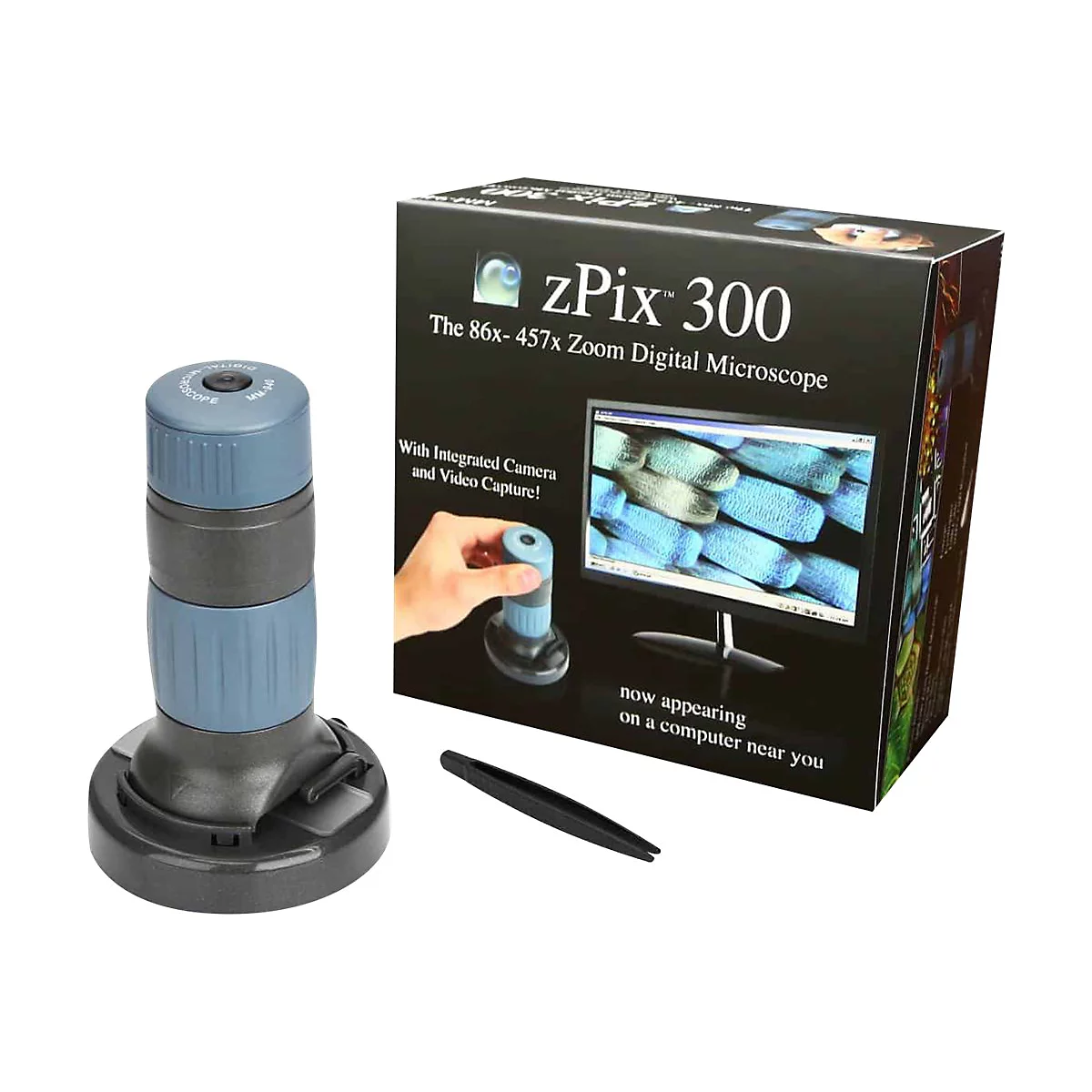 Digitales Mikroskop zPix 300 neben seiner Verpackung und einer Pinzette auf weißem Hintergrund.