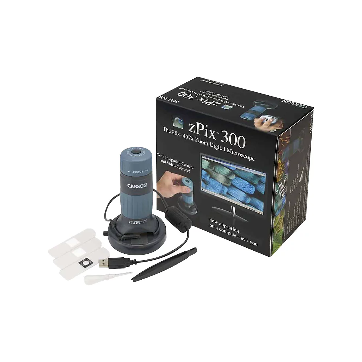 Digitales Carson zPix 300 Mikroskop mit Zubehör und Produktverpackung vor weißem Hintergrund.