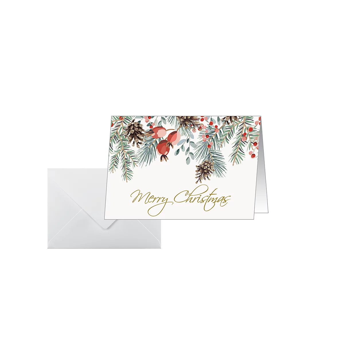 Carte de Noël 'Red berries and pine cones', A6 (A5), 250g/m², 25 pièces, carton blanc, impression jet d'encre &amp; laser