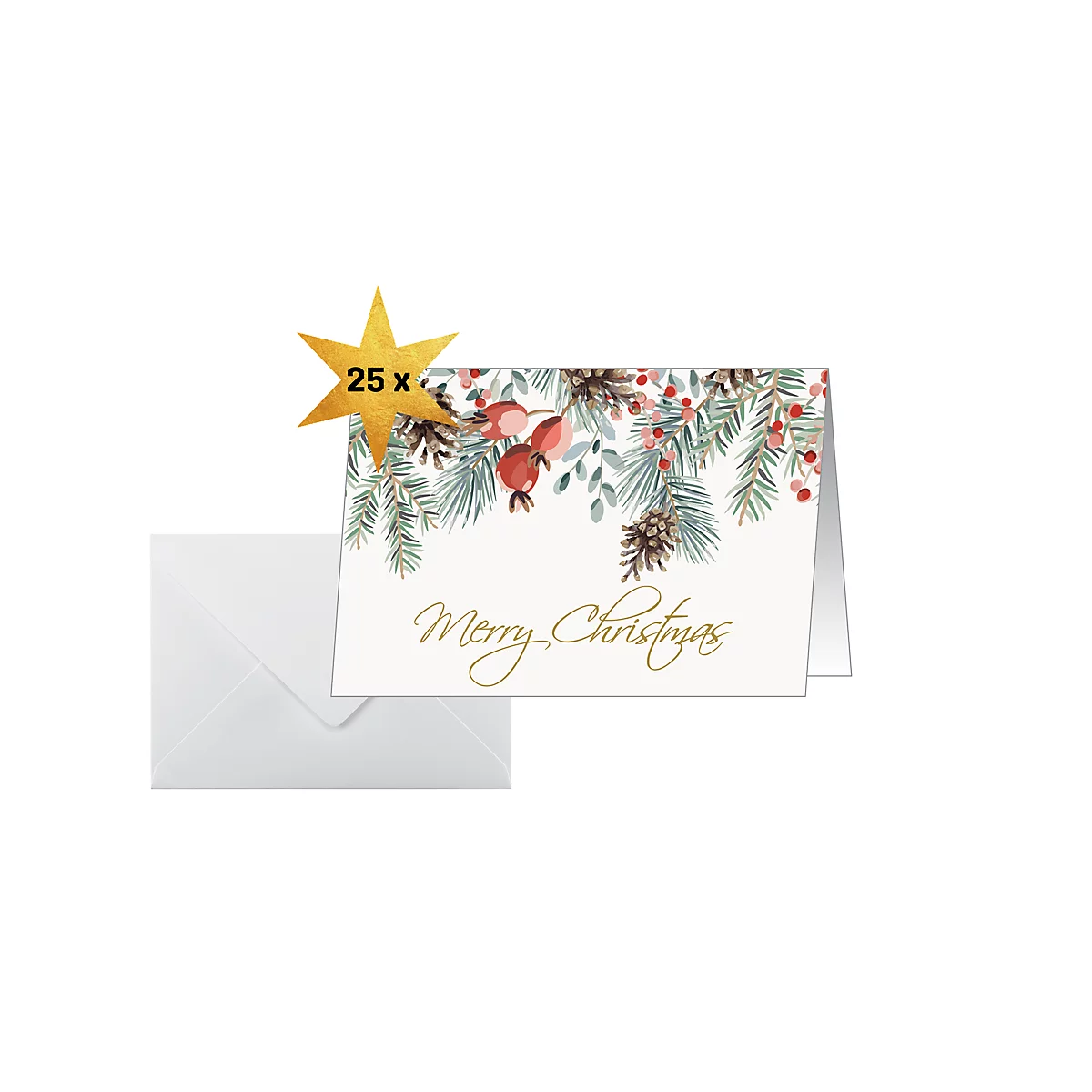 Carte de Noël 'Red berries and pine cones', A6 (A5), 250g/m², 25 pièces, carton blanc, impression jet d'encre &amp; laser