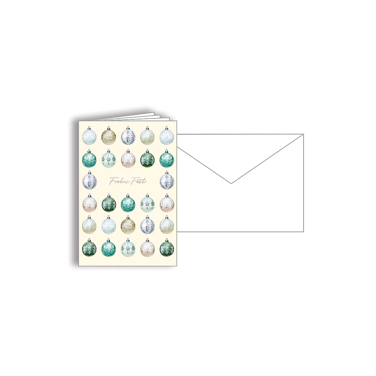 Jeu de cartes de Noël avec des ornements et le texte 'Frohes Fest'. A côté, une enveloppe blanche.