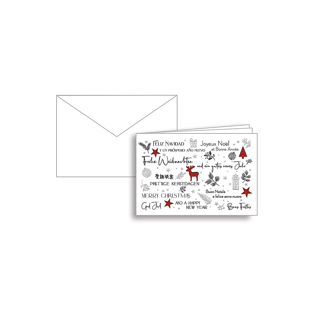 Cartes de Noël avec des vœux dans différentes langues, à côté d'une enveloppe blanche.
