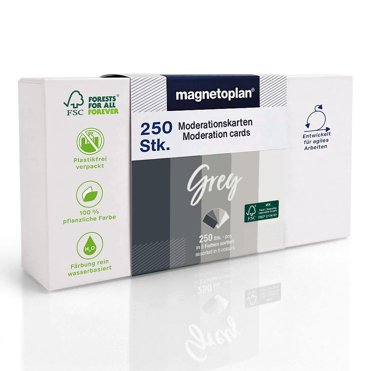 Boîte blanche contenant 250 cartes de modération grises Magnetoplan, certifiées FSC et emballage sans plastique.