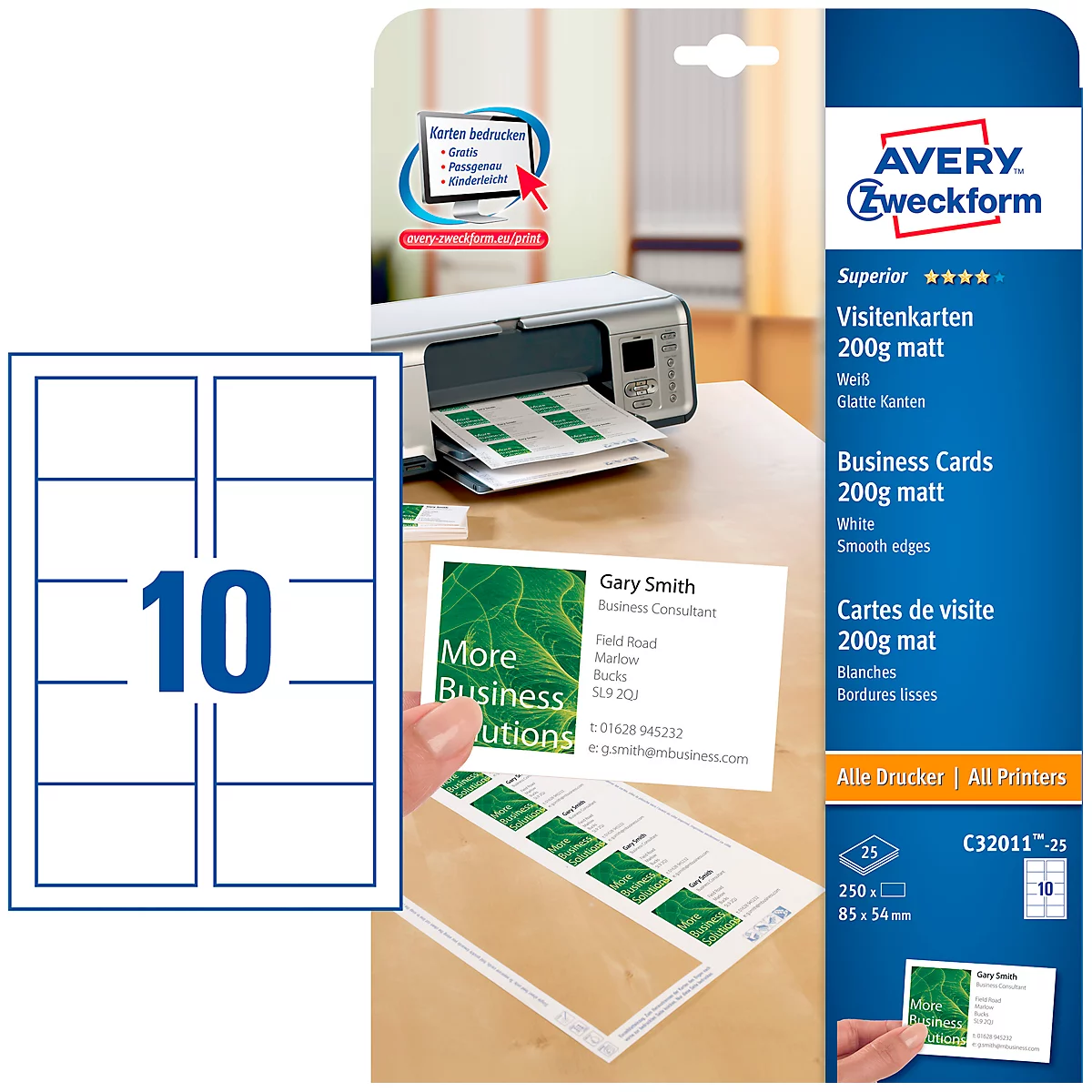 Cartes de visite Quick&Clean Technologie, 200 g, blanc, 250 étiquettes