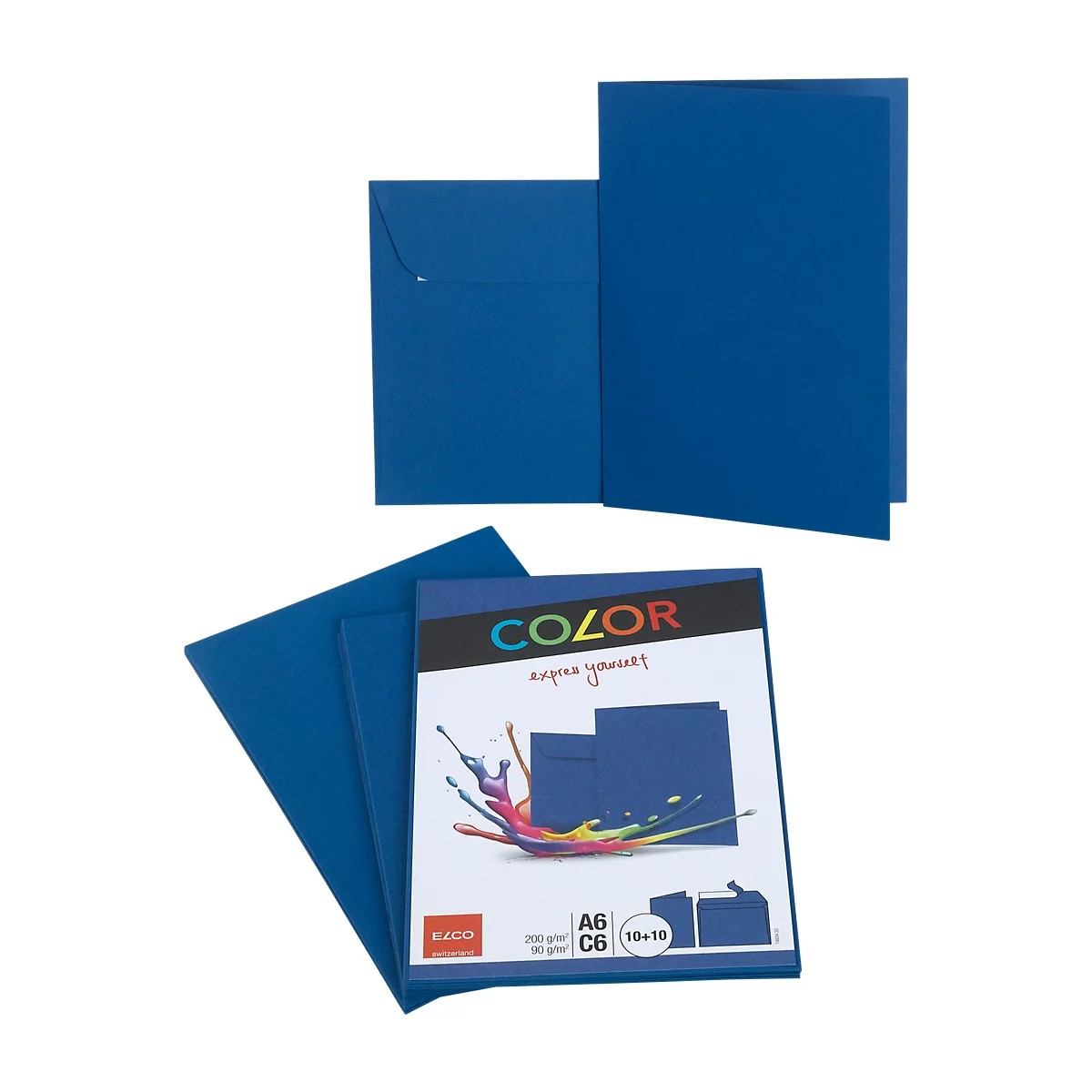 Enveloppes bleues et papier coloré, emballés. Avec l'inscription 'COLOR'.