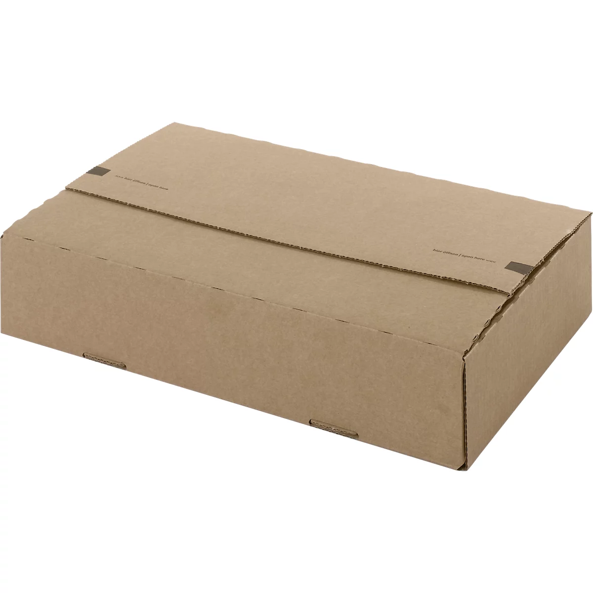 Boîte en carton rectangulaire marron, sur fond blanc.