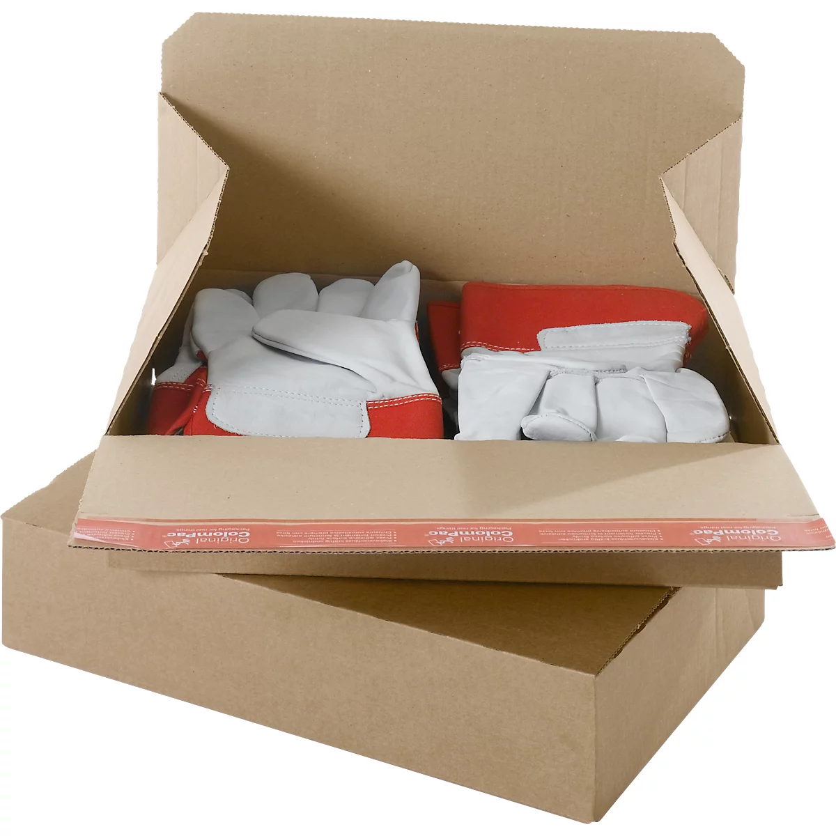 Boîte d'expédition ouverte avec des gants de travail. La boîte est en carton brun, les gants blancs et rouges.