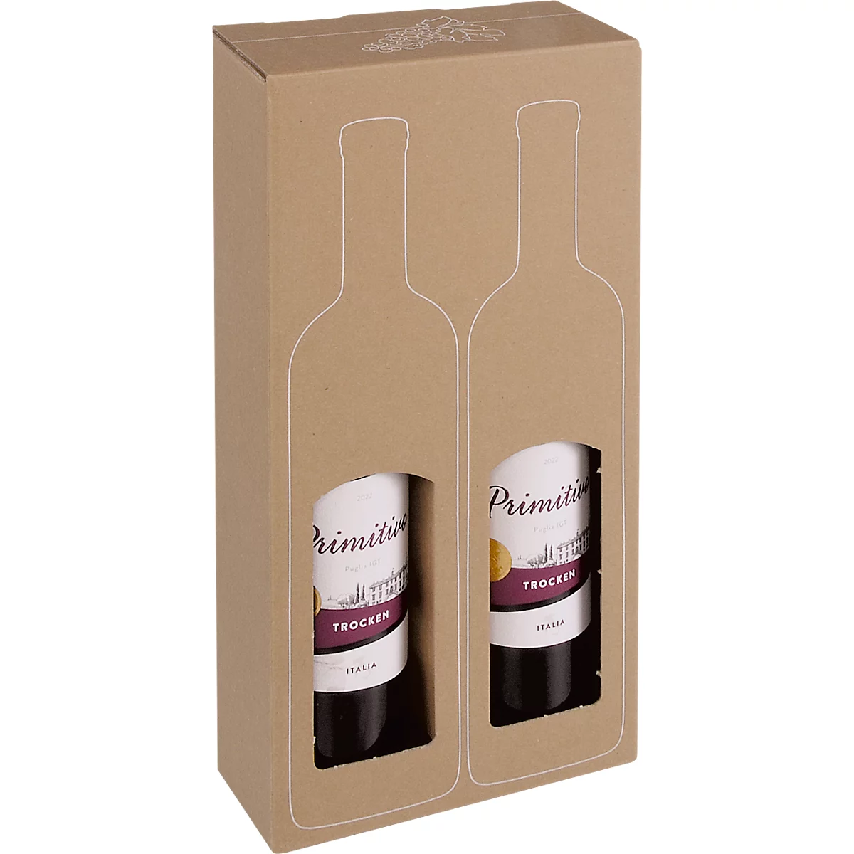 Deux bouteilles de vin dans une boîte avec des découpes. Les étiquettes indiquent "Primitivo Trocken".