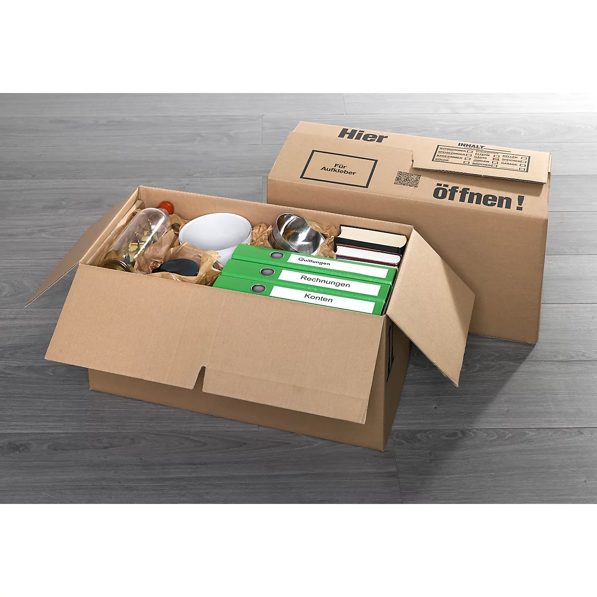 Carton de déménagement, 1 cannelure, jusqu'à 30 kg, champ d'inscription, poignées renforcées, L 594 x l 286 x H 295 mm, brun