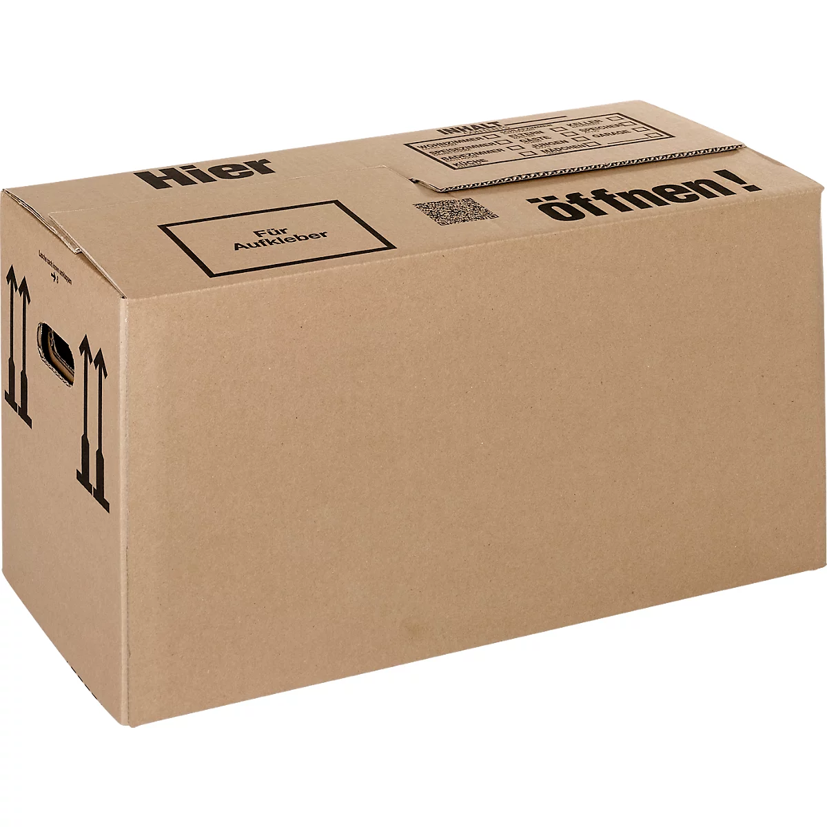 Une boîte en carton marron avec l'inscription Hier, Für Aufkleber et Öffnen!.