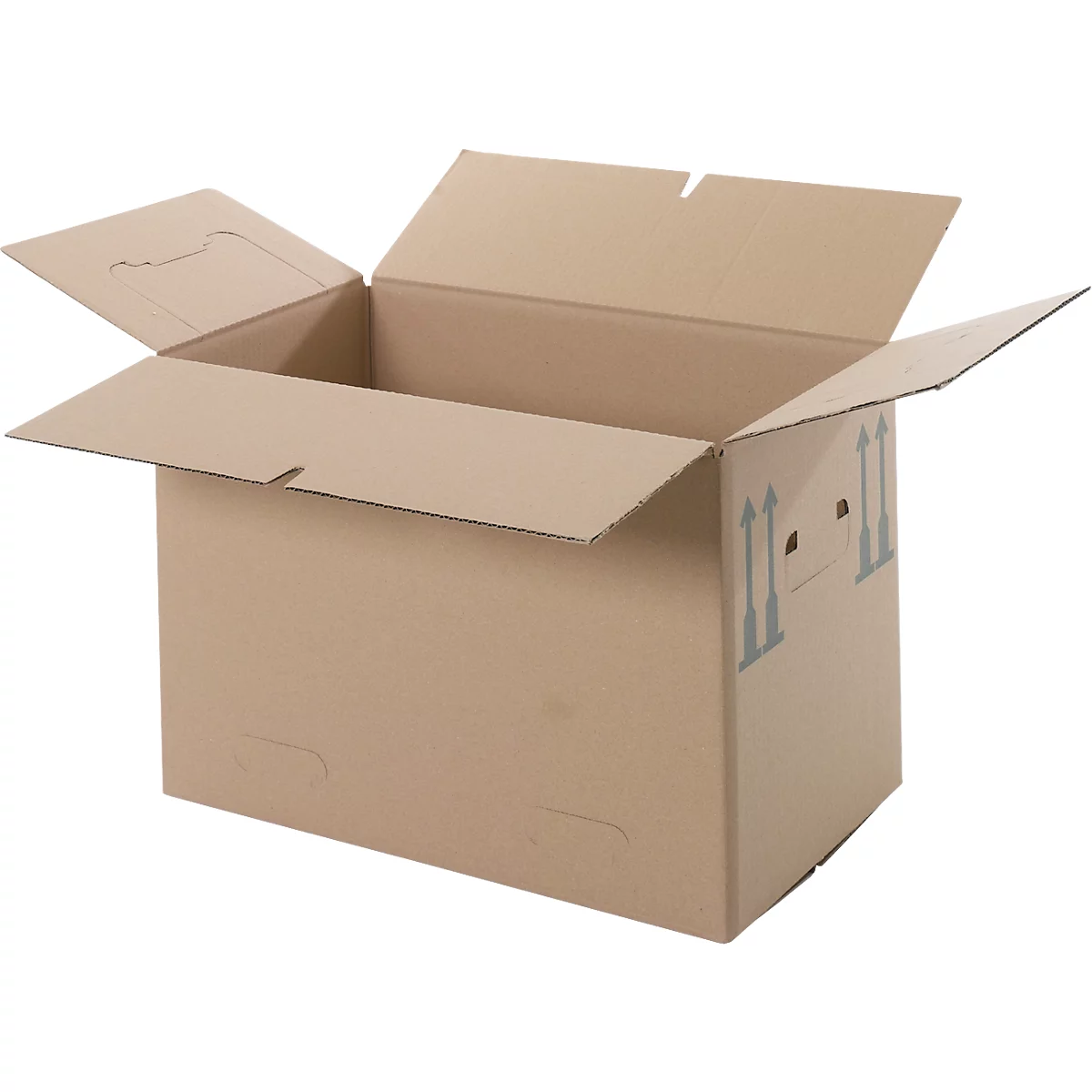 Boîte en carton marron ouverte. Les couvercles sont ouverts. Une poignée est découpée sur un côté.