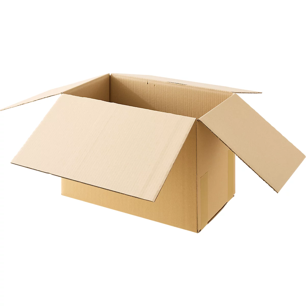Boîte en carton ondulé ouverte. Les rabats supérieurs sont ouverts.