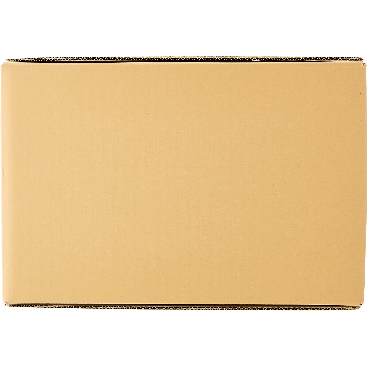 Boîte rectangulaire en carton brun avec bord ondulé.
