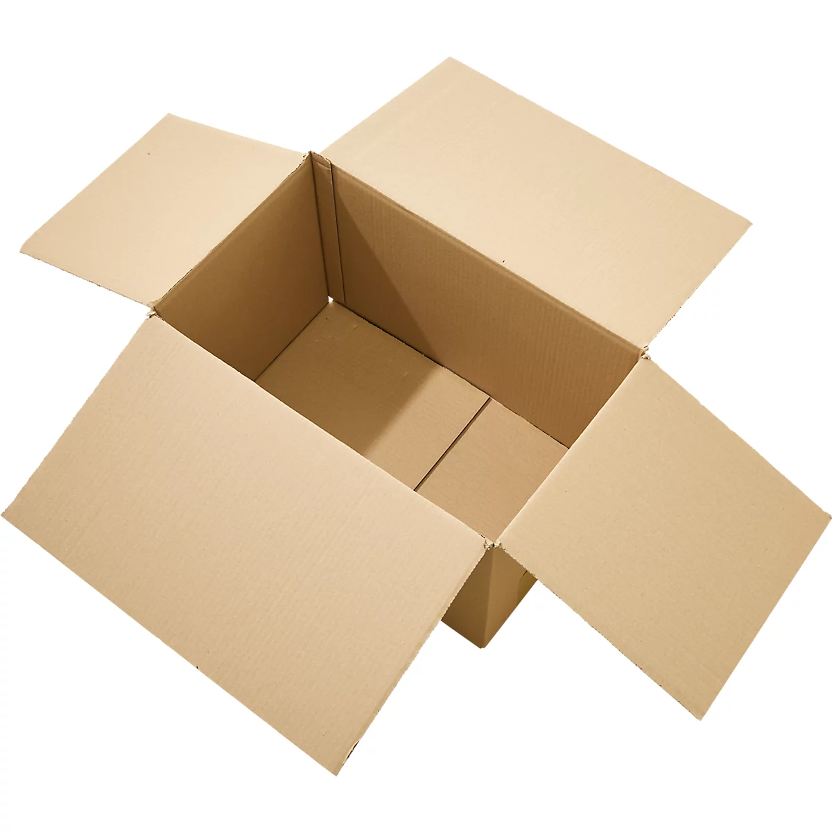 Boîte en carton marron ouverte, rabats dépliés.