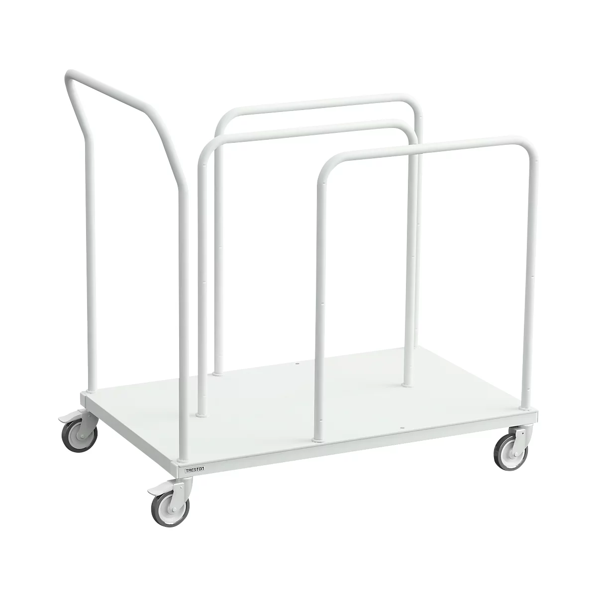 White transport cart with four wheels and a handle.