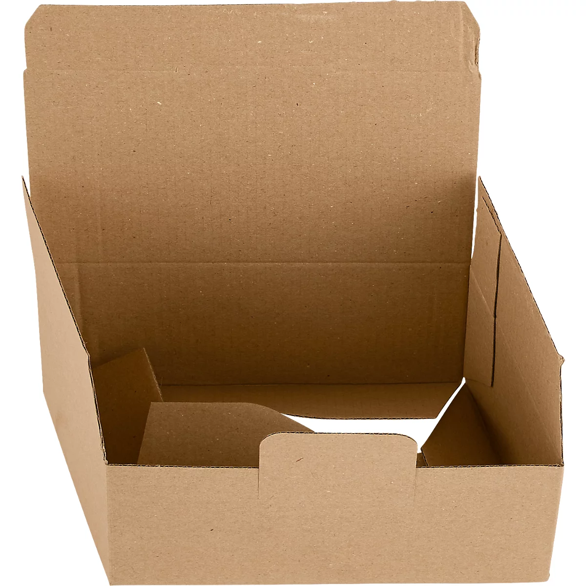 Boîte en carton marron ouverte avec rabats et un couvercle.